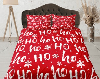 Christmas cotton duvet cover ho ho ho bedding set, holiday vibe quilt cover red blanket cover, teens bedroom bedspread reversible bedcover