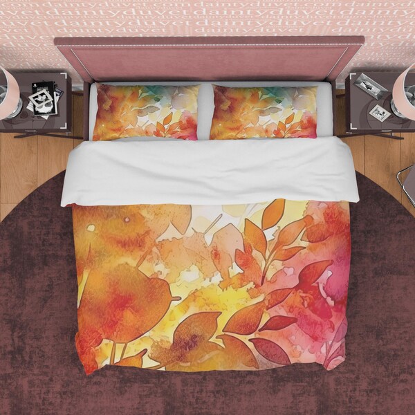 Hot Orange Plant Leaf Autumn Duvet Cover Fall Bedding Set, Rustic Neutral Colors Aesthetic Quilt Cover, Boho Bedspread, Printed Bed Cover