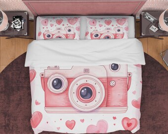 Unique Retro Camera Duvet Cover Set Baby Pink Bedding, Girly Bedroom Set, Cute Quilt Cover, Photophille Bedspread, Photographer Gift