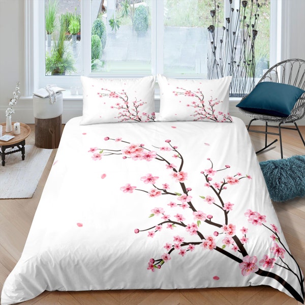 Simple cherry blossom bedding floral prints white duvet cover queen, king, boho bedding designer bedspread full size bedding aesthetic