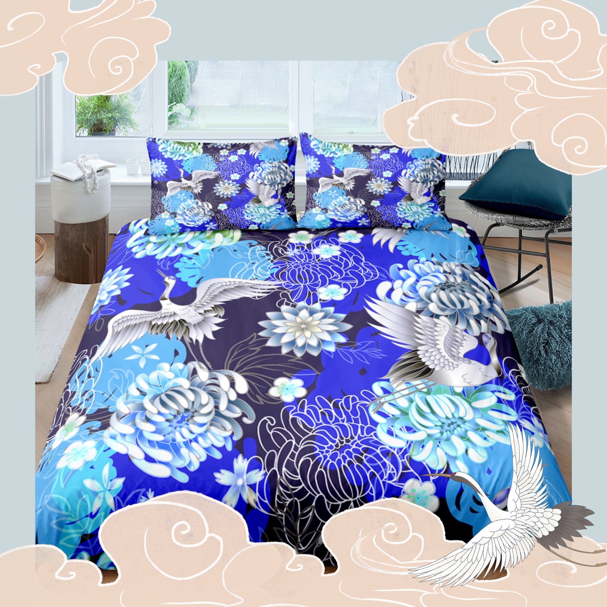 Blue Japanese Bedding Set Duvet Cover Oriental Design Crane Etsy UK
