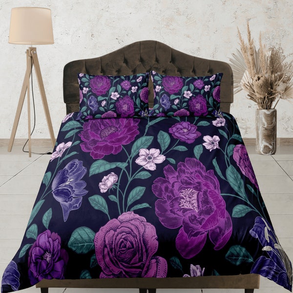 Purple Dahlia Cotton Duvet Cover Vibrant Flower Quilt Cover, Girly Bedroom Bedding Set Girls Room Blanket Cover, Teens Bedspread