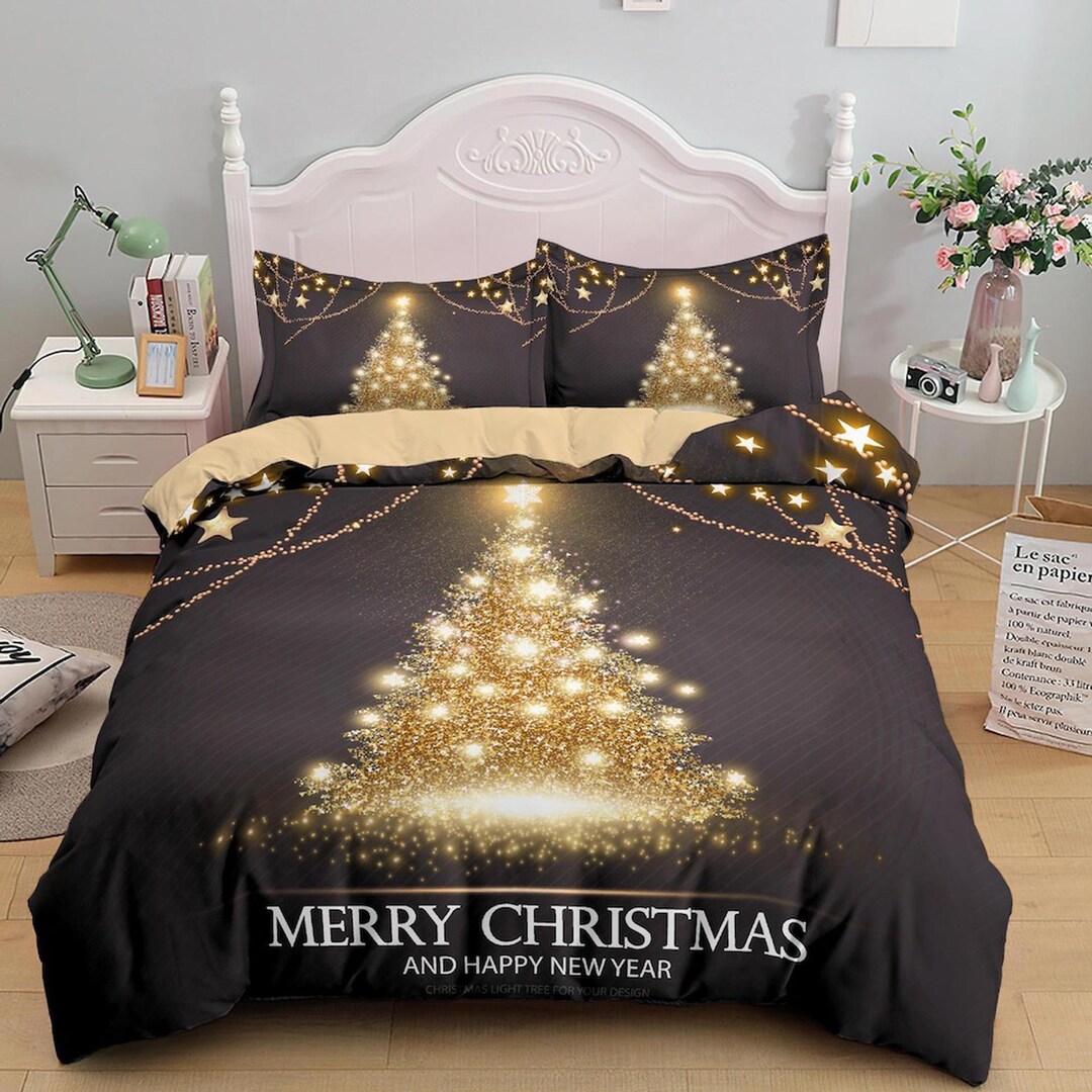Golden Christmas Tree Bedding & Pillowcase Holiday Gift Duvet Cover King Queen Full Twin Toddler