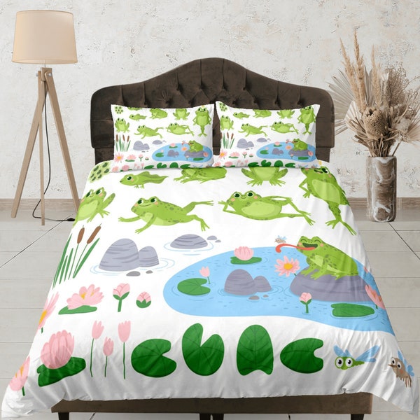 Housse de couette en coton grenouilles, housse de couette pour crapauds, ensemble de literie pour étang, couverture de fleur de lotus, couvre-lit vert pour chambre d'enfants