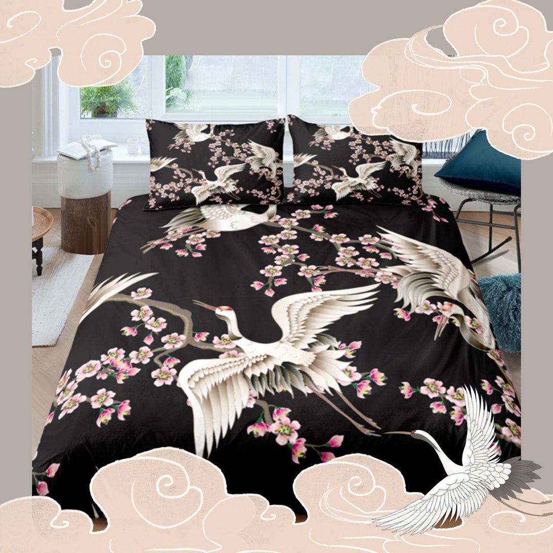 Black Japanese Bedding Set Duvet Cover Oriental Design Crane Etsy