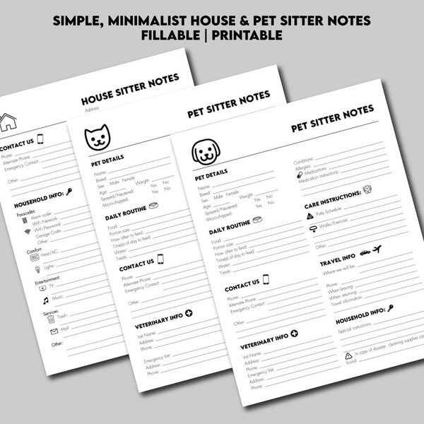 Pet Sitter & House Sitter Instructions | House, Dog and Cat bundle | Fill In Template | Printable