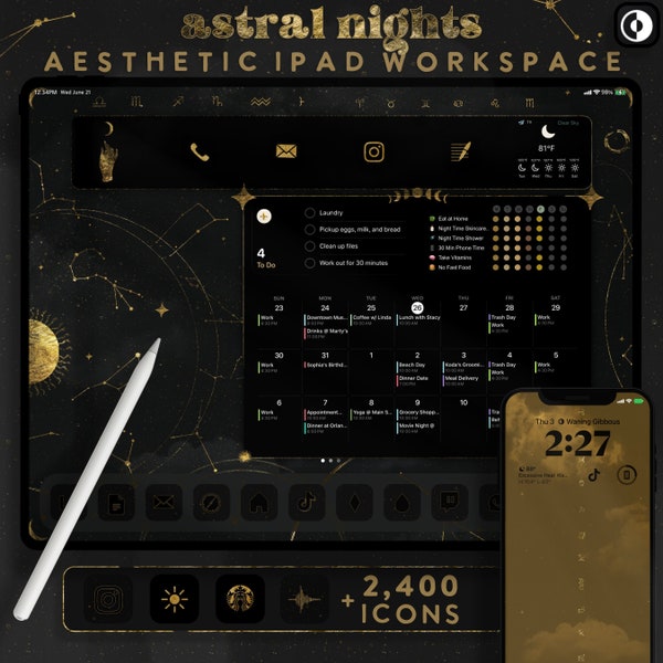 Aesthetic iPad Wallpaper Kit, Matching Theme, Icons, Widgets, iPhone Wallpaper, and Lockscreens, Astrology Theme Icons, Gold Icons, Planner