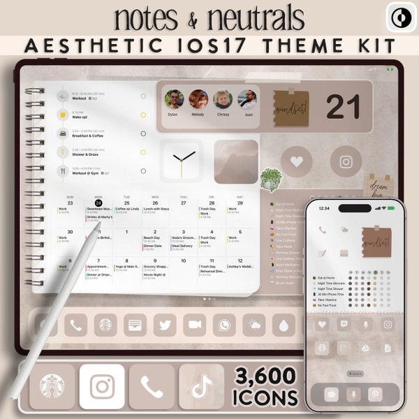 Neutrales iOS 17 Theme Pack für iPad & iPhone | 3,600 Biege iPhone Icons | Ästhetisches iPad Theme Kit