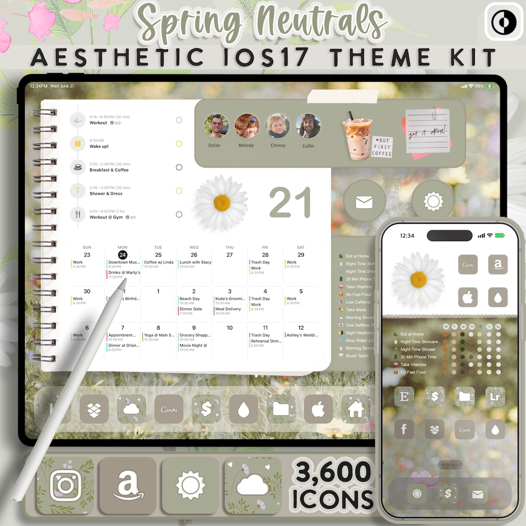 Aesthetic Neutral Spring IOS 18 Theme Kit | iPhone Icons | Cute Widgets