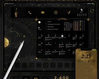 Esthetische iPad-achtergrondkit, bijpassend thema, pictogrammen, widgets, iPhone-achtergrond en lockscreens, themapictogrammen astrologie, gouden pictogrammen, planner