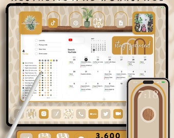 iPhone & iPad 壁紙アイコン テーマ パック | iPhone アイコン | iPad プランナー ウィジェット | 黄色の心地よくて美しい iPad テーマ | 心地良いテーマの雰囲気