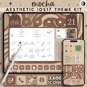 May include: A digital illustration of a phone and tablet screen with a brown and white swirl pattern. The screens display a calendar, to-do list, and various app icons. The text "mocha" and "3,600 icons" are visible on the image. The image is a mockup of a phone and tablet theme kit.
