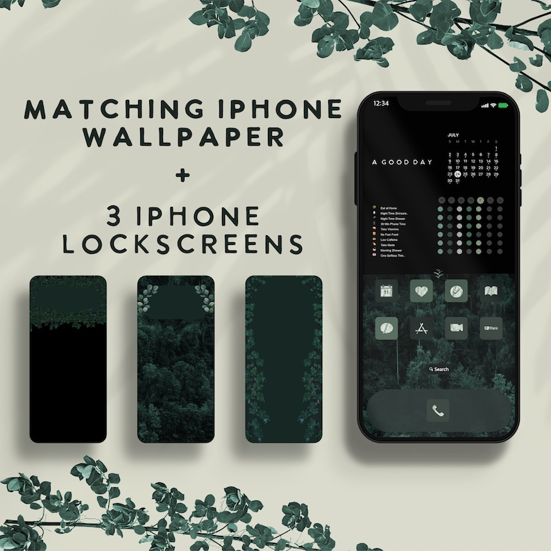Op de afbeelding: Drie donkergroene iPhone-vergrendelschermen met een bosachtergrond en een vierde iPhone-scherm met een donkergroene bosachtergrond, een kalender, pictogrammen en een zoekbalk. De tekst "A Good Day" staat bovenaan het scherm. De tekst "Matching iPhone Wallpaper + 3 iPhone Lockscreens" staat bovenaan de afbeelding.