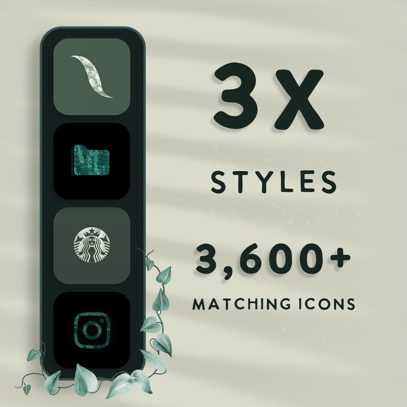 Op de afbeelding: Een zwarte telefoonhoes met drie verschillende groene pictogrammen. De pictogrammen zijn een golf, een map en een Starbucks-logo. De tekst "3x STYLES" en "3,600+ MATCHING ICONS" wordt weergegeven op een beige achtergrond.