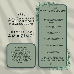 Op de afbeelding: Een groene en witte afbeelding met de tekst "YES, YOU CAN HAVE IT ALL ON YOUR HOMESCREEN! & HAVE IT LOOK AMAZING!" en een lijst met items die zijn inbegrepen in een digitaal product. De lijst bevat een 4K-achtergrond, bijpassende pictogrammen, esthetische widgets, iPad- en iPhone-achtergronden en vergrendelschermen. De afbeelding bevat ook een gratis tutorial en een widget-lijst.