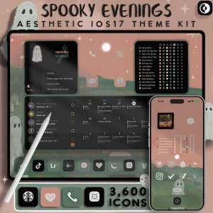 Op de afbeelding: Een digitale illustratie van een tablet en een smartphone met een griezelig Halloween-thema. De tablet heeft een kalender, een to-do-lijst en een spookicoon. De smartphone heeft een spookicoon en een zoekbalk. De tekst "Spooky Evenings" en "Aesthetic iOS17 Theme Kit" wordt bovenaan de afbeelding weergegeven. De tekst "3,600 Icons" wordt onderaan de afbeelding weergegeven.