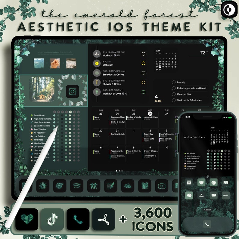 Op de afbeelding: Een digitale illustratie van een iPad en iPhone met een groene en zwarte esthetische thema. De schermen tonen een kalender, een to-do-lijst en app-pictogrammen. De tekst "the emerald forest" en "AESTHETIC IOS THEME KIT" staat bovenaan de afbeelding. De tekst "+ 3.600 ICONS" staat onderaan de afbeelding.