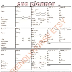 CNA Shift Report Sheet | Certified Nursing Assistant Brain Sheet for 4 Patients | Patient Care Tech | CNA Shift Planner
