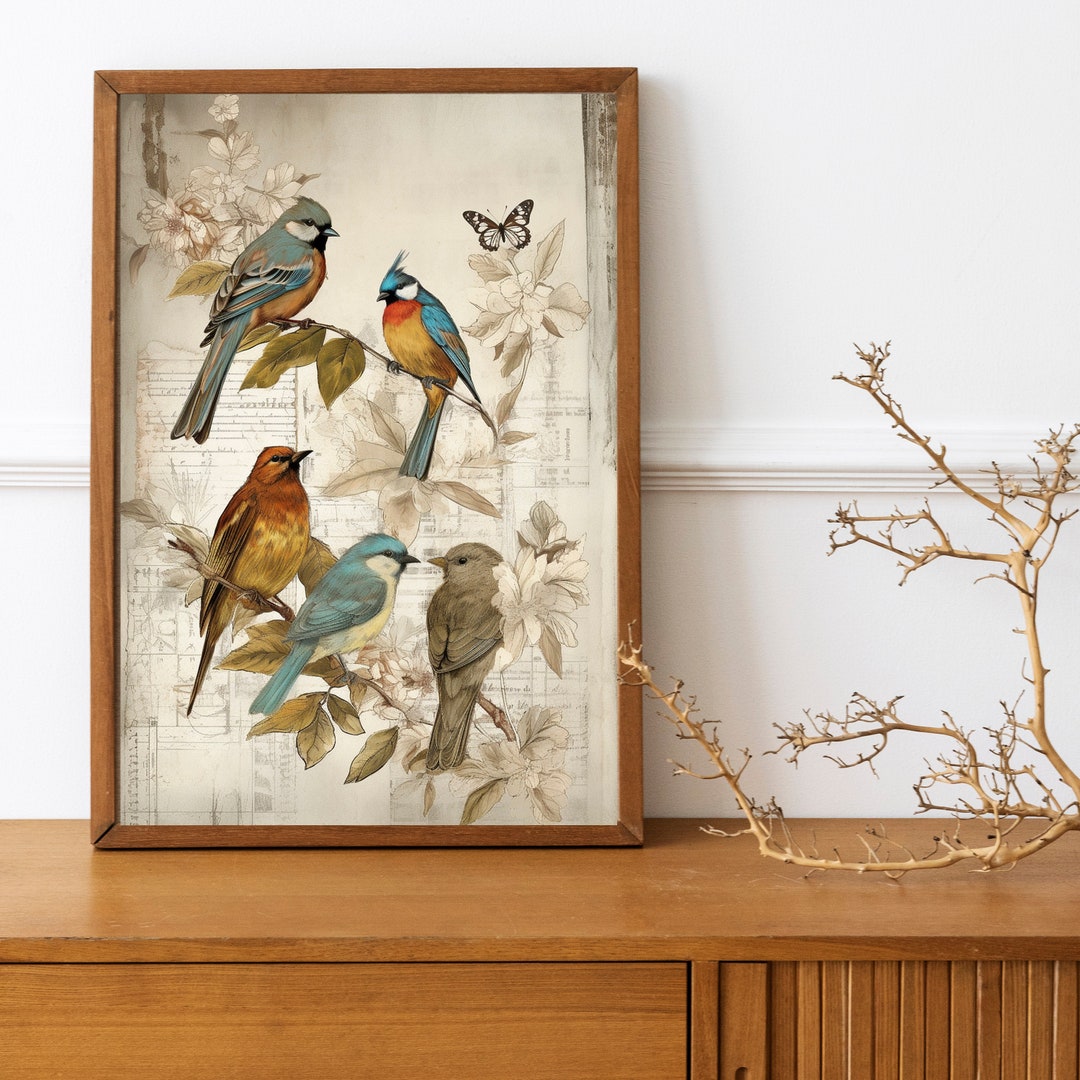 Toile Wall Art ,birds Art Print, French Toile Modern Botanical A4 Print