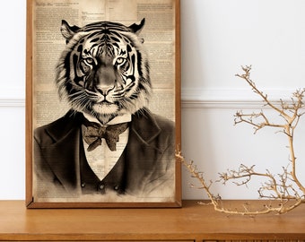 Old dictionary page art vintage look , Tiger in a suit black and white  A4 print