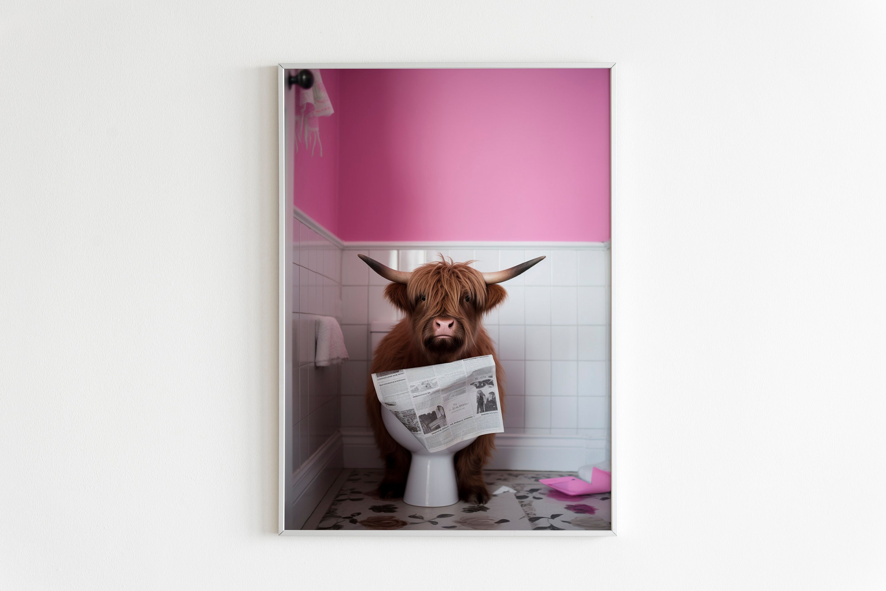 Highland Cow on Toilet With Newspaper, Pink Funny Bathroom Print , A4 ...