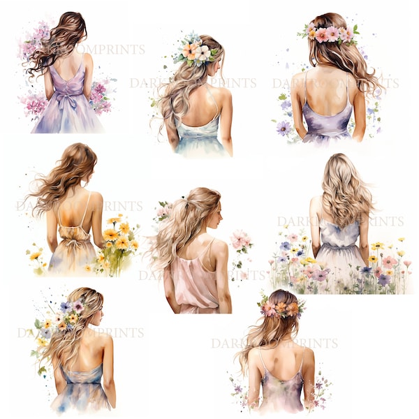 Watercolour spring girl digital art - 8 high quality images- -Bohemian floral -fashion clipart - instant download