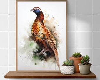 Pheasant wildlife watercolour splash  art modern A4 print