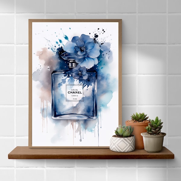 Designer chanel blue flowers perfume bottle splash art print