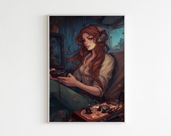 Gamer girl Nouveau Art A4 children's teenager print