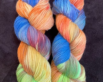 Hand-dyed yarn, 100% Merino DK, 100g/246yds, “Coral Reef” colorway