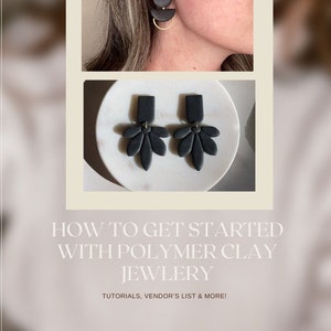 Puede incluir: Tres pares de pendientes de arcilla polimérica en negro y dorado. Los pendientes se muestran sobre una superficie blanca. El texto "HOW TO GET STARTED WITH POLYMER CLAY JEWELRY" se muestra debajo de las imágenes. El texto "TUTORIALS, VENDOR'S LIST & MORE!" se muestra debajo del texto.