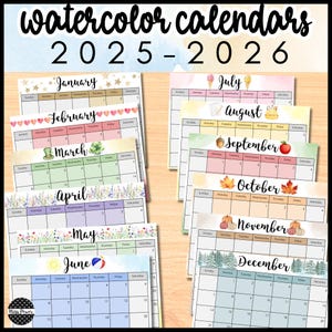 Watercolor Calendar | Editable Calendar 2025 - 2026 | Editable Monthly Calendar Google Slides