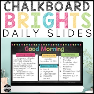 Chalkboard Brights Classroom Slides: Morning Agenda, Daily Schedule, Visual schedule (Google Slides PDF Download)