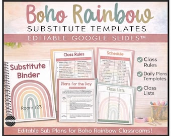 Boho Rainbow Substitute Binder Templates | Editable Google Slides Sub Plans | Substitute Teacher Binder | Emergency Sub Plans | K-5