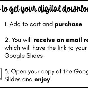 Puede incluir: Gr&aacute;fico en blanco y negro con instrucciones sobre c&oacute;mo obtener una descarga digital. Los pasos incluyen: agregar al carrito y comprar, recibir un recibo por correo electr&oacute;nico y abrir las Google Slides.