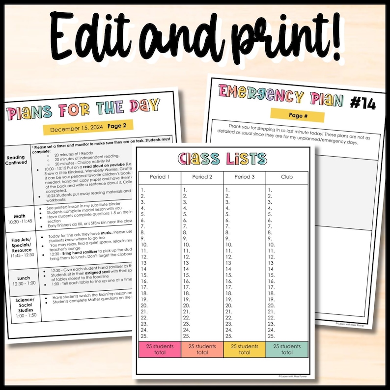 May include: Printable classroom planning documents with the text "Edit and print!" include "Plans for the Day," "Emergency Plan #14," and "Class Lists." The "Plans for the Day" is dated December 15, 2024. The "Class Lists" has columns for periods and a club.