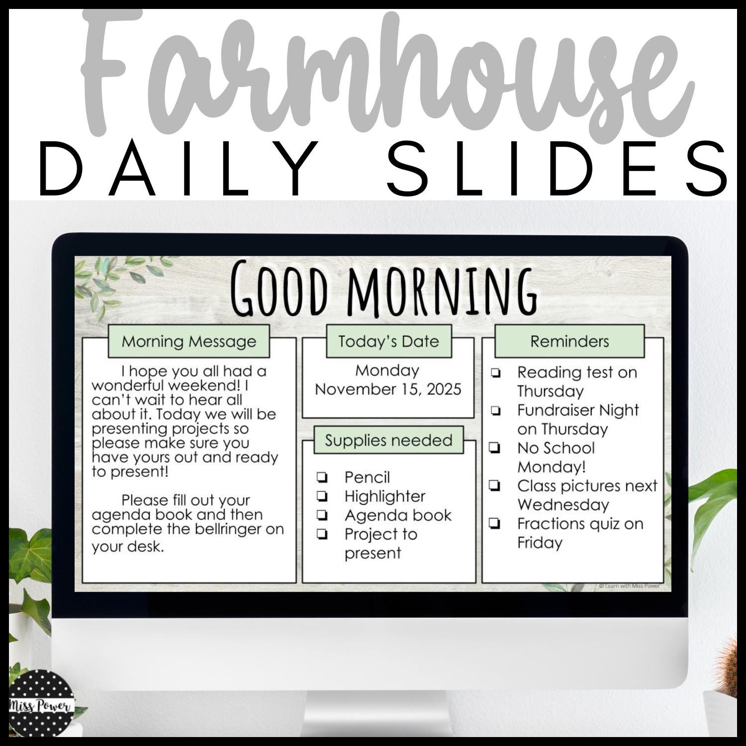 Farmhouse Classroom Slides: Daily Agenda & 2025-2026 Calendar (Google Slides)