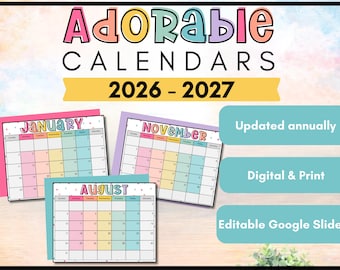 Rainbow Classroom Calendar 2026–2027 | Printable Monthly Calendar for Teachers | Colorful School Calendar | Elementary Classroom Decor | K-5
