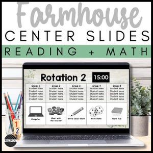May include: A laptop displays a "Farmhouse Center Slides" presentation for reading and math. The screen shows a rotation schedule with time and activity icons. A jar of colored pencils and a small potted plant are on either side.
