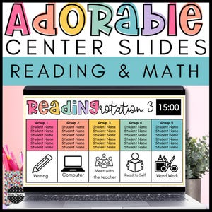 Puede incluir: Una pantalla de portátil muestra una colorida diapositiva educativa. El texto "Adorable CENTER SLIDES READING & MATH" está en la parte superior. La diapositiva muestra un horario de rotación de lectura con nombres de estudiantes e iconos de actividad.