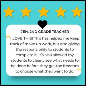 Puede incluir: Un fondo turquesa con cinco iconos de estrellas doradas. Un rect&aacute;ngulo blanco redondeado contiene texto y un icono de coraz&oacute;n negro. El texto dice: "JEN, 2ND GRADE TEACHER. I LOVE THIS!"