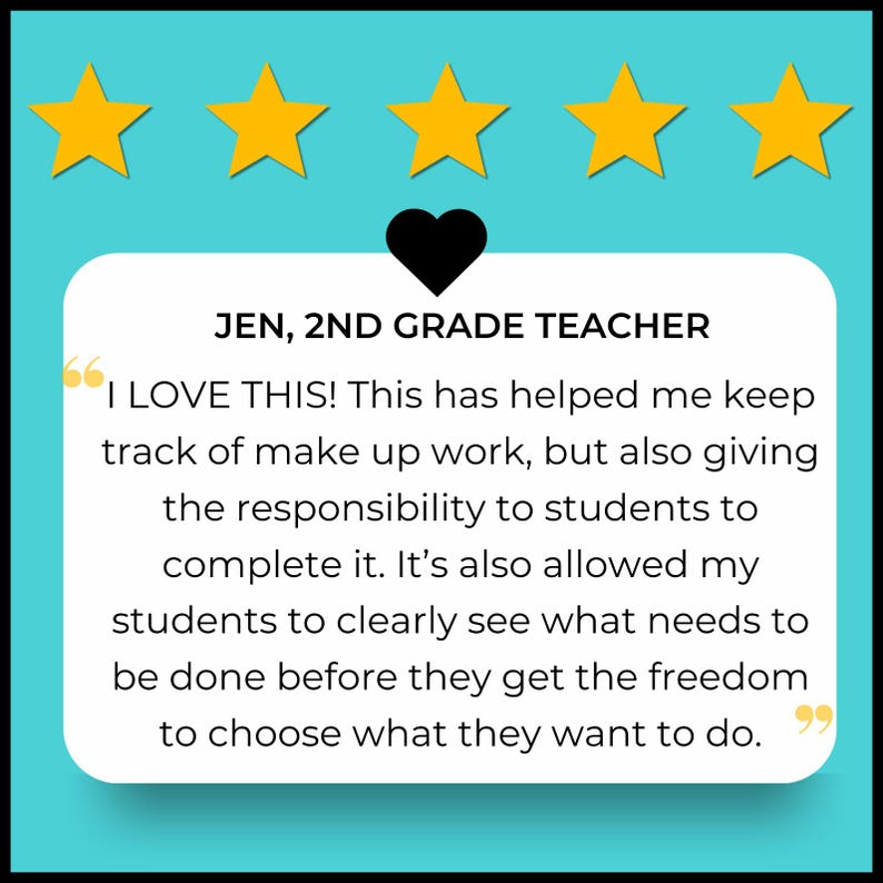 Puede incluir: Un fondo turquesa con cinco iconos de estrellas doradas. Un rect&aacute;ngulo blanco redondeado contiene texto y un icono de coraz&oacute;n negro. El texto dice: "JEN, 2ND GRADE TEACHER. I LOVE THIS!"
