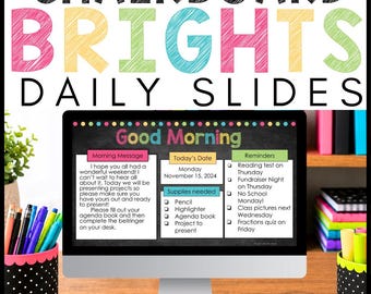 May include: A computer monitor displaying a digital slide titled Good Morning with sections for a morning message, date, supplies needed, and reminders. The text includes Monday November 15, 2024, and various school-related tasks. The header reads CHALKBOARD BRIGHTS DAILY SLIDES.