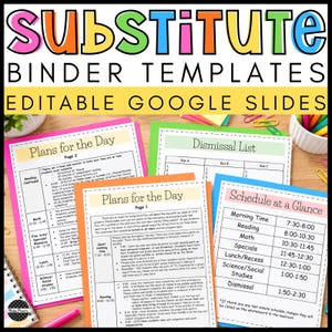 May include: A set of editable Google Slides binder templates for substitute teachers. The documents feature headers like Plans for the Day, Dismissal List, and Schedule at a Glance, with organized tables and text for classroom management.