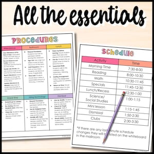 May include: Two educational posters with black text on a white background. One lists classroom procedures, the other a daily schedule. A purple pencil rests on the schedule. The title "All the essentials" is at the top.