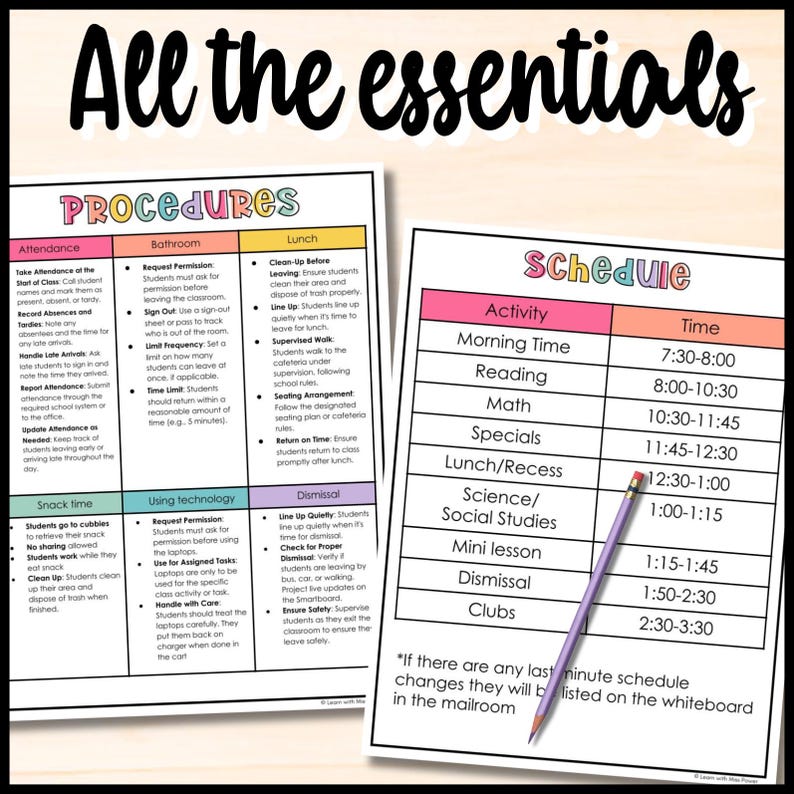 May include: Two educational posters with black text on a white background. One lists classroom procedures, the other a daily schedule. A purple pencil rests on the schedule. The title "All the essentials" is at the top.