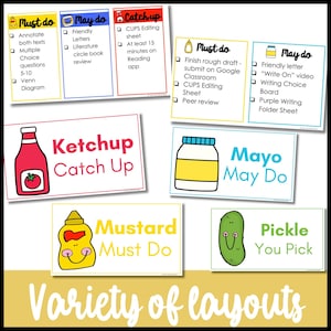 Puede incluir: Un conjunto de tarjetas ilustradas y coloridas con t&iacute;tulos relacionados con la comida, como "Ketchup Catch Up" y "Mustard Must Do". Las tarjetas presentan diferentes dise&ntilde;os y contienen listas de tareas y actividades.