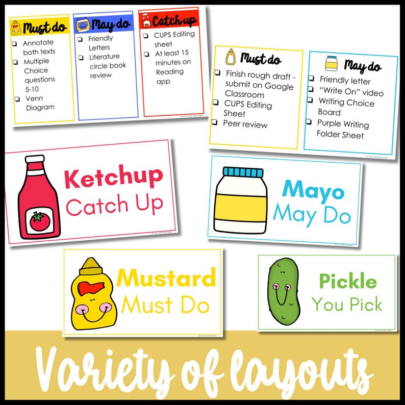 Puede incluir: Un conjunto de tarjetas ilustradas y coloridas con t&iacute;tulos relacionados con la comida, como "Ketchup Catch Up" y "Mustard Must Do". Las tarjetas presentan diferentes dise&ntilde;os y contienen listas de tareas y actividades.