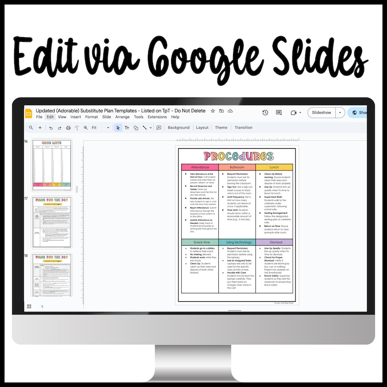 May include: A computer monitor displays a Google Slides document with the text "Edit via Google Slides." The document includes a colorful "Procedures" chart and several plan templates. The monitor is on a white background.