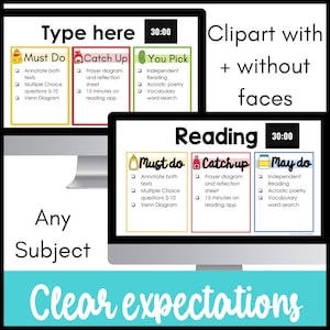 Puede incluir: Una pantalla de ordenador muestra un gr&aacute;fico digital con las palabras "Type here" y "Reading". El gr&aacute;fico incluye secciones etiquetadas como "Must Do", "Catch Up" y "You Pick", con listas de tareas. La frase "Clear expectations" est&aacute; en la parte inferior.